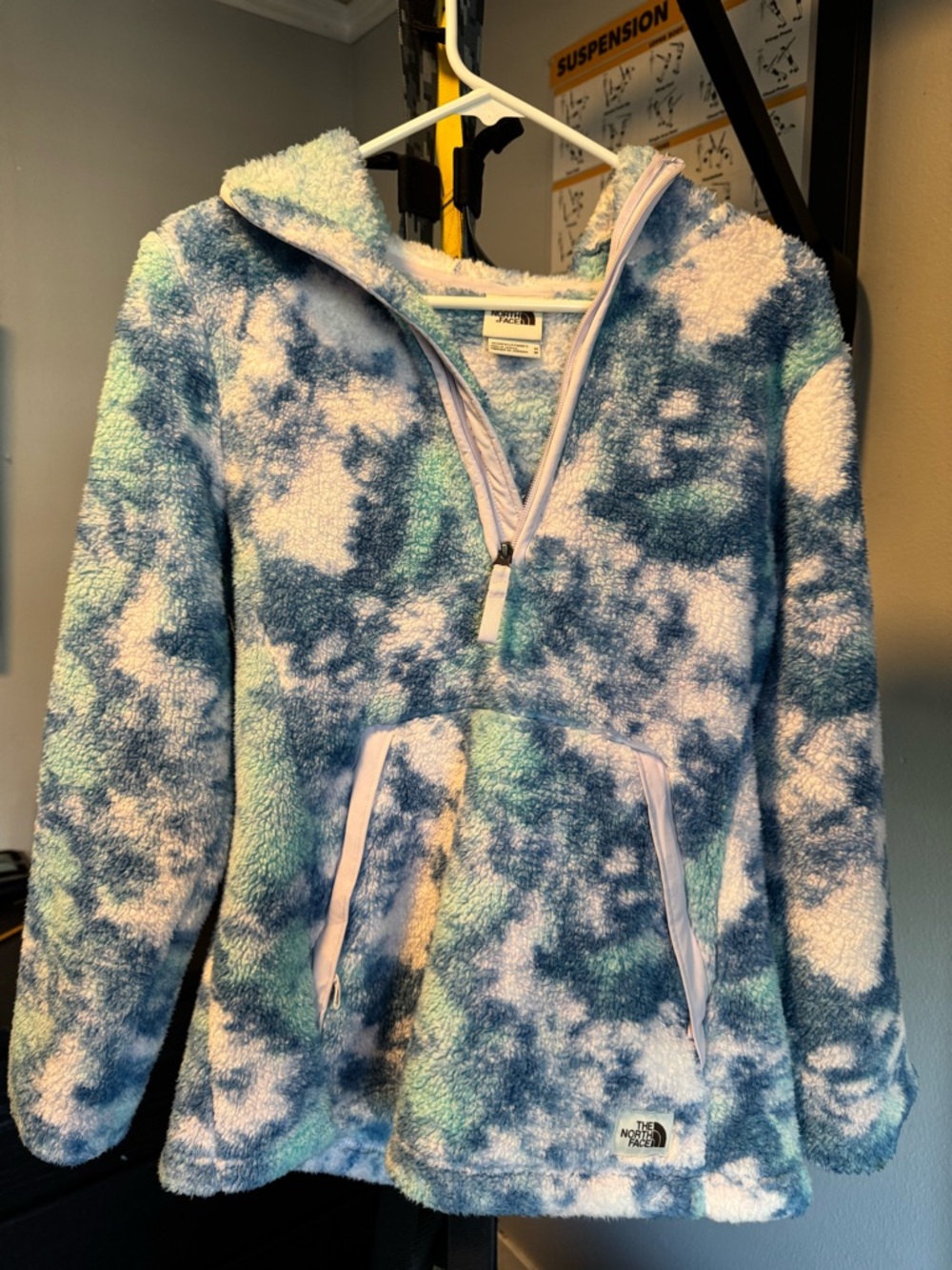 The North Face Blue, White and Green Tie-Dye Sherpa Half-Zip Pullover
